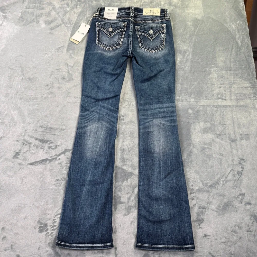 Miss Me Mid Rise Bootcut Jeans Dark Wash Embroidered Sequin Size 25x34 NEW